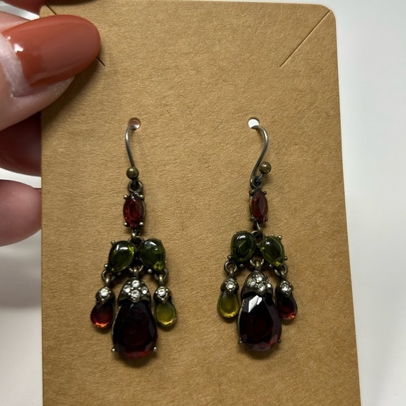 Liz Claiborne Red and Green Beaded Chandelier Style Dangle Earrings Rhinestones - Picture 5 of 8